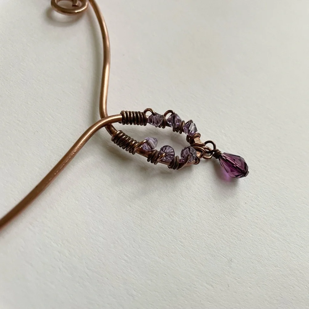 Copper Scroll Necklace Beaded Plum and Lilac‎ Crystals Elegant Rustic Handmade